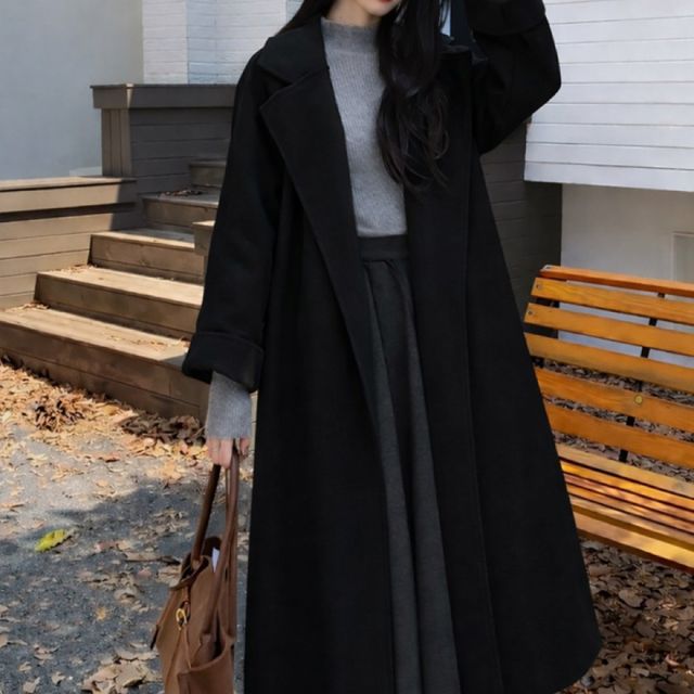 여성스러운 허리 스트링 롱코트 블랙 간절기 오버핏 코트 가을 겨울 아우터