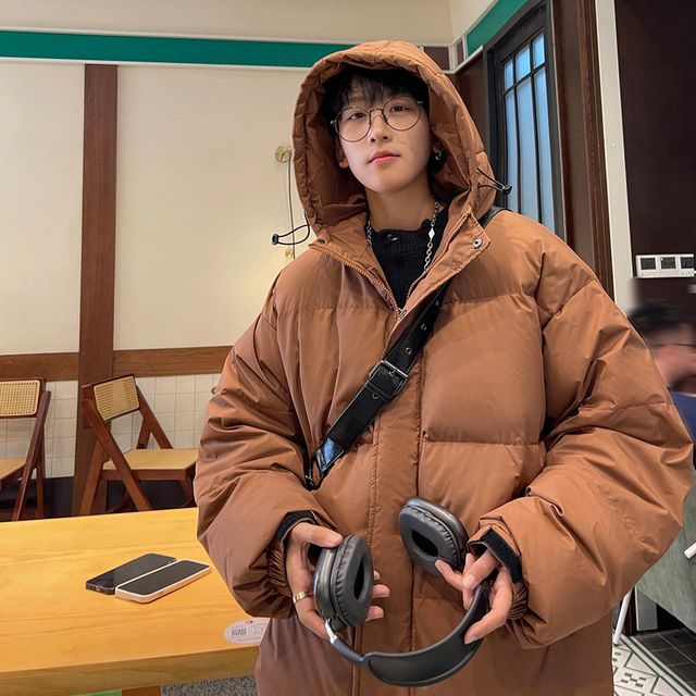 브라운 후드 다운재킷 남성 겨울 복고풍 청소년