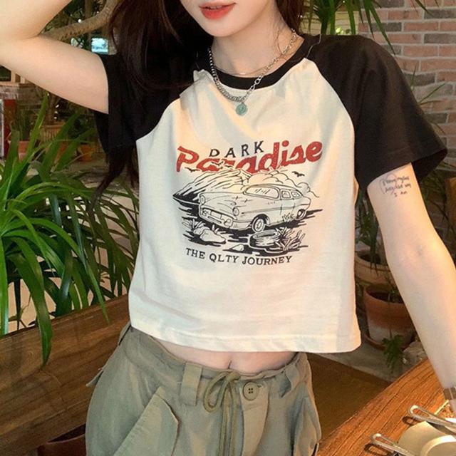 여성 크롭 배색 프린팅 반팔 티셔츠 데일리 기본 티