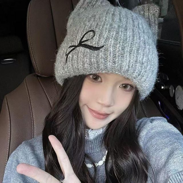 고양이귀 니트모자 겨울비니 뜨개모자 여성 리본포인트 소프트 비니
