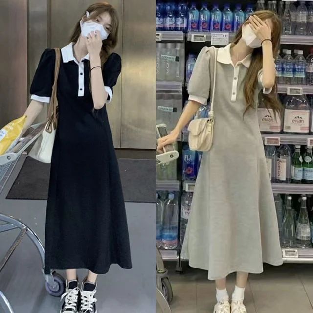 여성 청순 카라배색 반팔 롱 원피스 여름 의상
