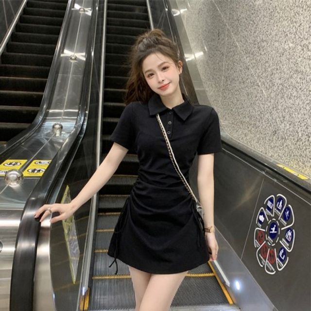 골지 미니 원피스 찰랑 스트링 얇은 셔링 캐주얼 냉장