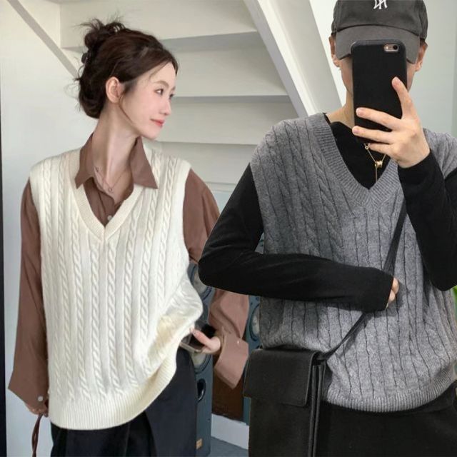 여자 루즈핏 V넥 케이블 니트조끼 간절기 쪼끼 베스트