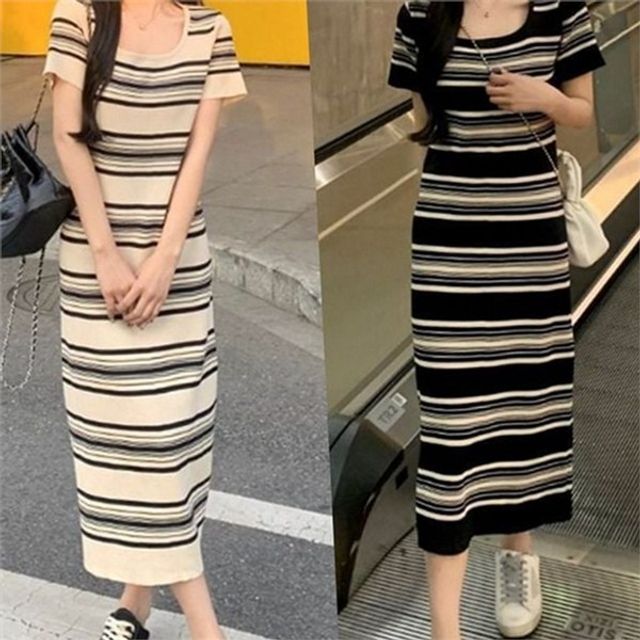 스퀘어넥 여성 롱 원피스 민소매 여성 스트라이프 원피스 데일리 썸머