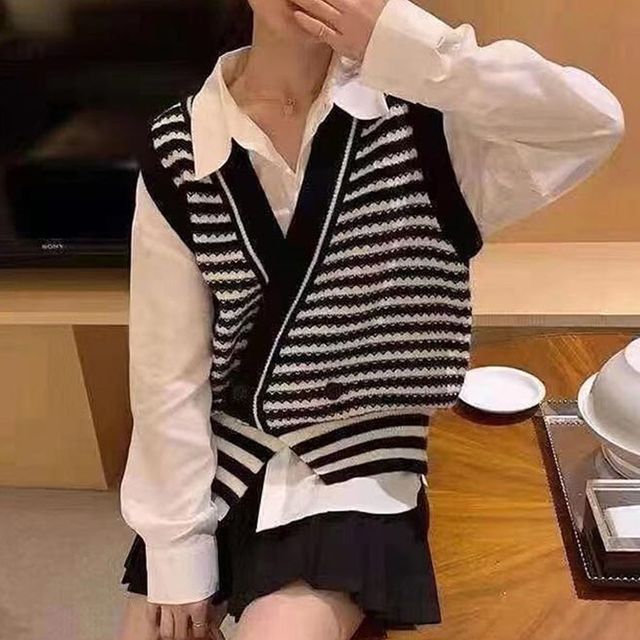 여성 니트 조끼 캐쥬얼 정장 패선 가로 줄무늬 베스트