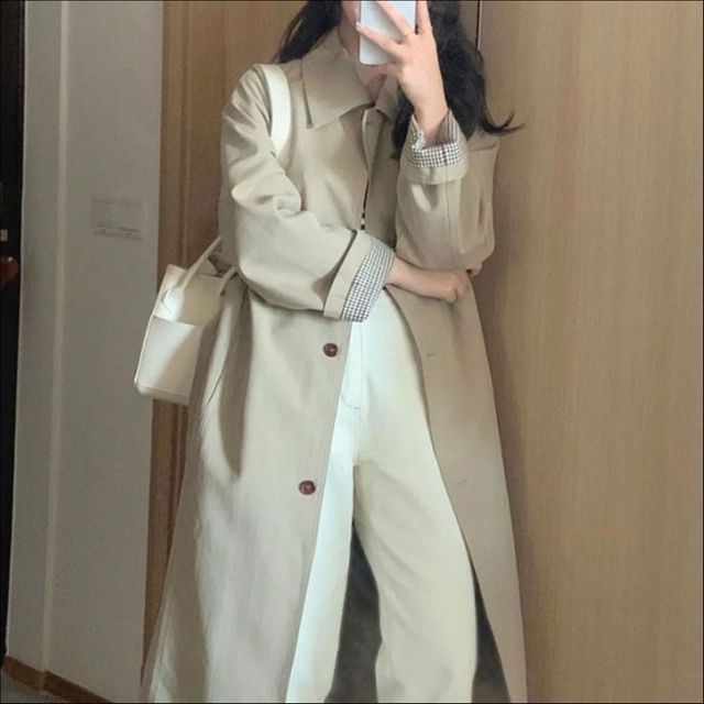 여성 클래식한 카라 롱기장 트렌치코트 가을 체크 소매 2컬러