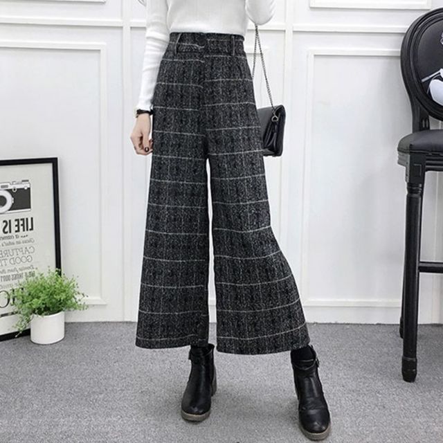 여성 겨울 간절기 체크 9부 모직 와이드 팬츠 통 바지