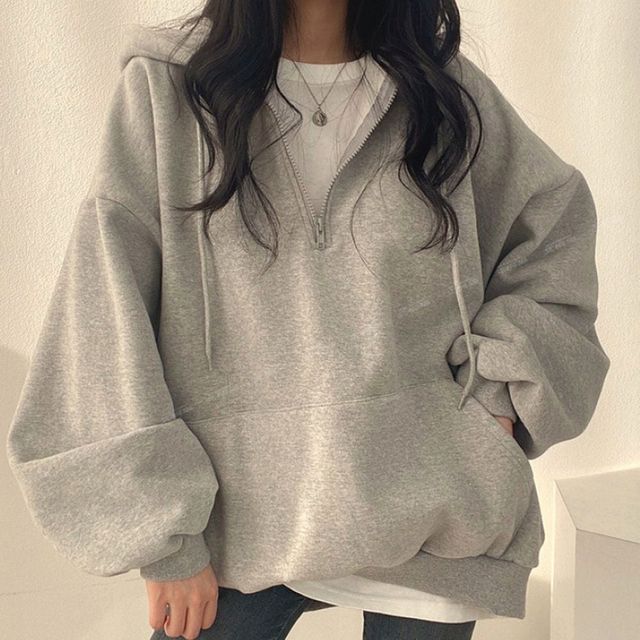 데일리 오버핏 그레이 후드티 반집업 후드 여자 기모