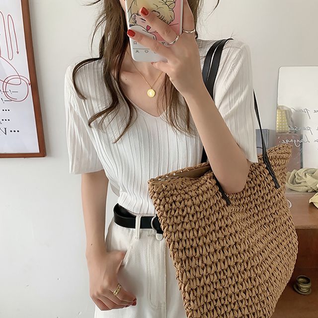 브이넥 세로 골지 여름 반팔 베이직 니트 티 데일리룩