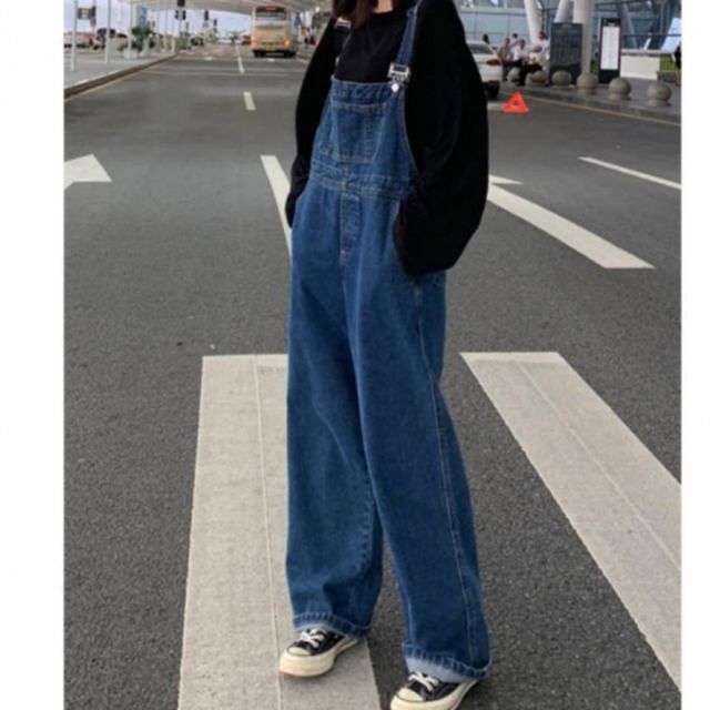 여성 와이드핏 진청 멜빵 와이드 점프수트 팬츠 바지
