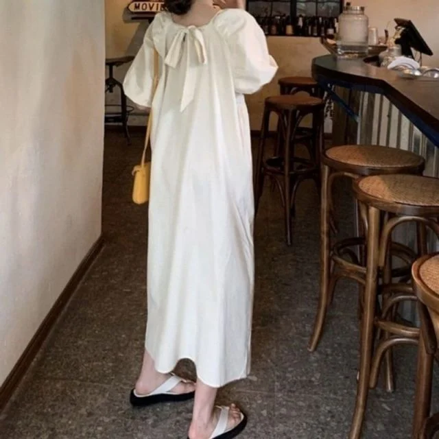 U넥 롱원피스 여름원피스 뒷리본포인트 바캉스룩 퍼프