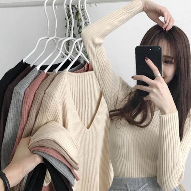 브이넥 골지 긴팔 니트 여자 소프트 슬림핏 봄 가을