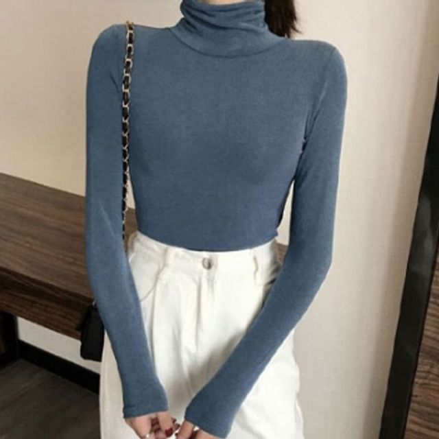 여성 기모 티셔츠 여자 목폴라 긴팔티 무지 스판 6색 여성긴팔티셔츠