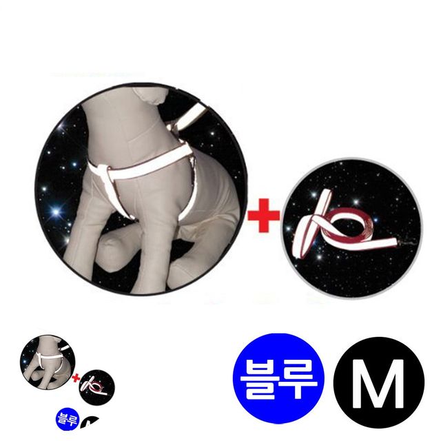 강아지산책줄 소형견가슴줄 3M 리플렉스 반사 X밴드 세트 블루 M 강아지 가슴줄