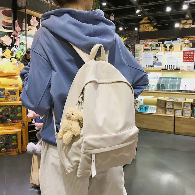 여자 학생 무지 베이지 공용 백팩 인형키링 고등학생