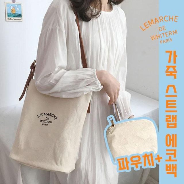 캔버스 가죽스트랩 크로스백 파우치 포함 에코백 여성 숄더백 데일리 투웨이 가방