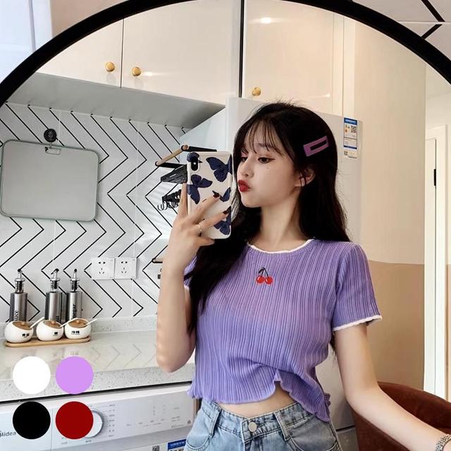 티셔츠 반크롭 자수 체리 크롭티