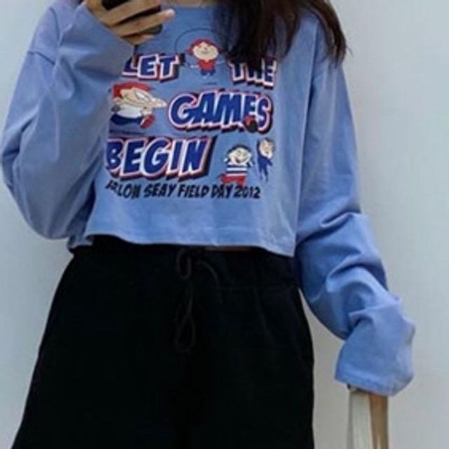 여성 크롭 티셔츠 2색 여자 캐주얼 크롭티 오버핏 여성긴팔티셔츠