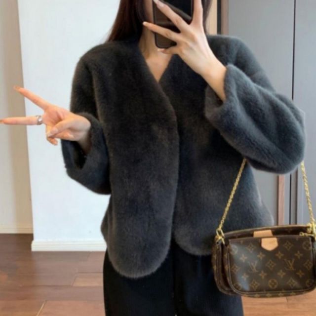 여성 겨울 무지 하프코트 부드러운 인조 퍼 자켓 루즈핏 반코트 아우터