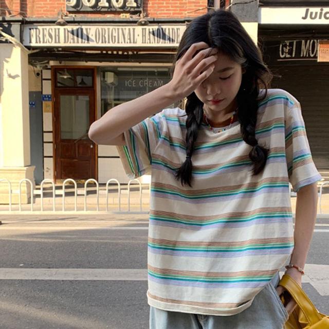 여성 스트라이프 반팔 티셔츠 베이직 데일리룩 코디 추천