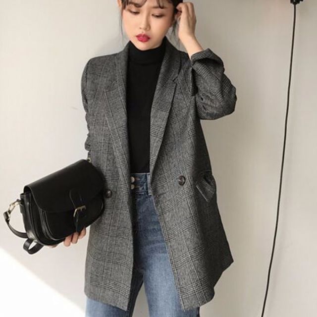 여성용 클래식 체크 무늬 롤업 하프 재킷 아우터웨어