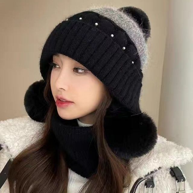 여성 털방울 배색 3컬러 니트모자 니트비니 안감 기모