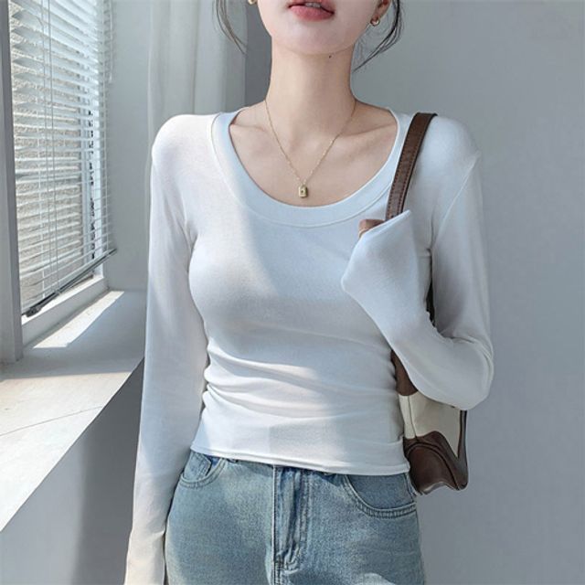 데일리 슬림 긴팔 티셔츠 여자 U넥 긴팔티