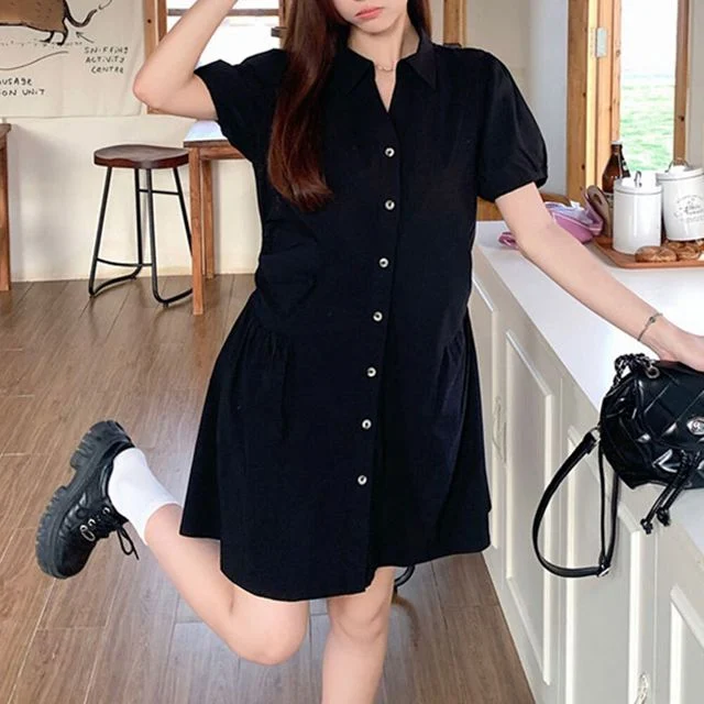 반팔 미니원피스 브이넥 카라원피스 A라인 허리 핀턱 양옆절개 어깨셔링 볼륨소매핏 여친룩