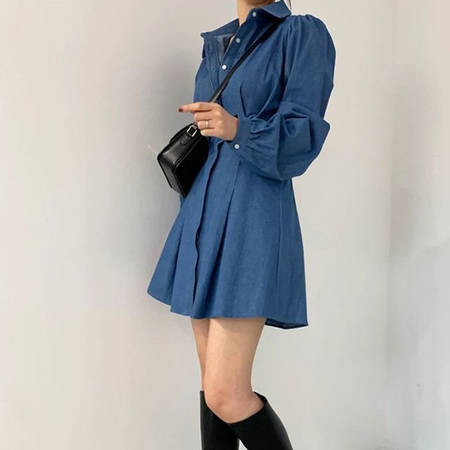 여성 캐주얼룩 카라 단추 퍼프 소매 미니 원피스