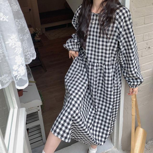 체크패턴 루즈핏 원피스 A라인스커트 체형커버 캐주얼