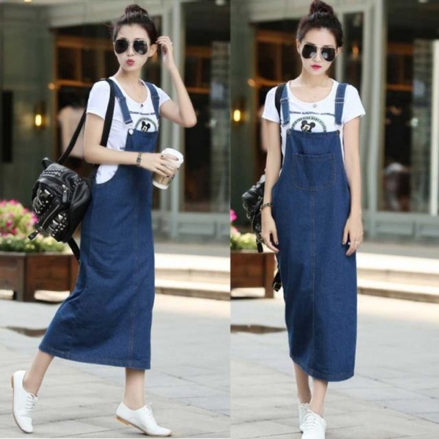 코디 데일리룩 롱스커트 멜빵청치마 진청 H라인롱스커트 - 클래식한 데님 스커트