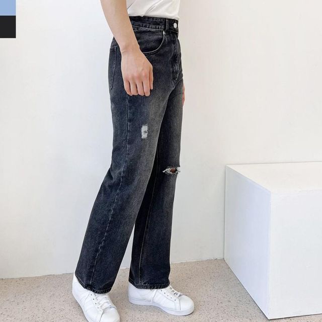 남성 빅사이즈 루즈핏레그 찢청 청데님 하의