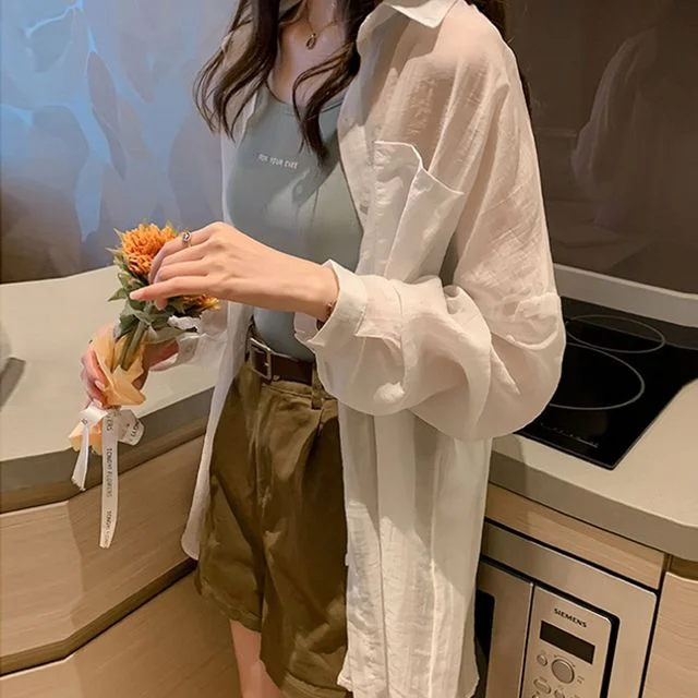 시스루 캐주얼 여성 긴팔 셔츠 롱기장 얇은 옷 데일리