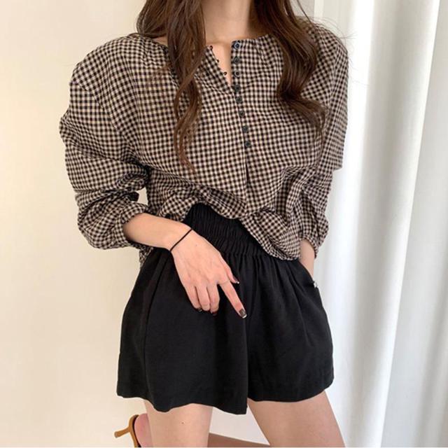 여자 벌룬 소매 잔체크 단추 블라우스 셔츠 퍼프