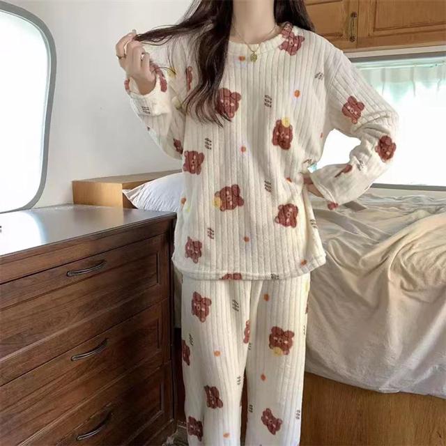 여성 겨울 극세사 캐릭터 수면 잠옷 상하의 세트