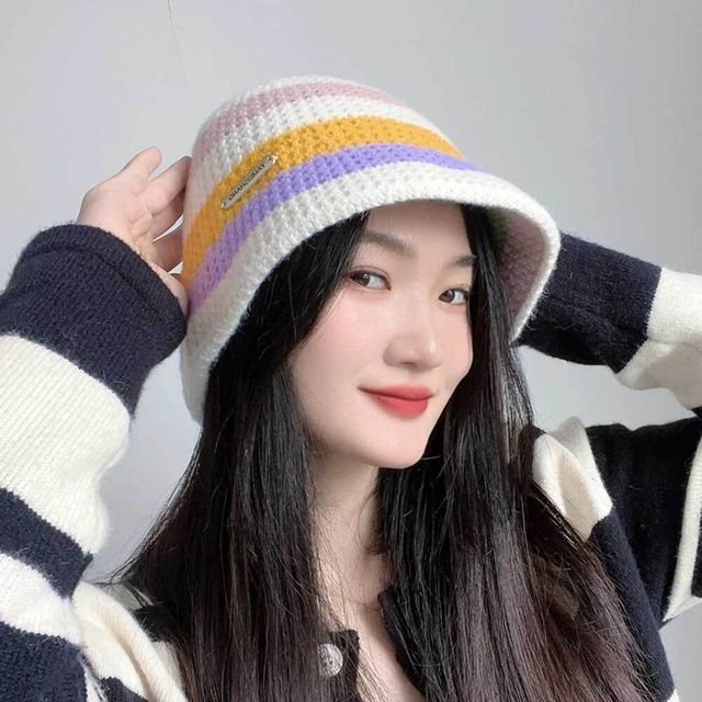 레인보우 버킷햇 화이트 니트 겨울 벙거지 여성