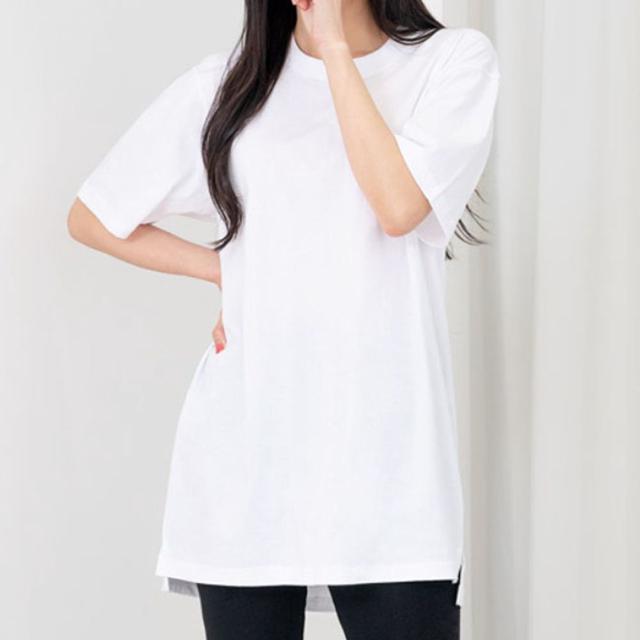 여자 레이어드 화이트 반팔 티셔츠 1P 반팔티 롱면티