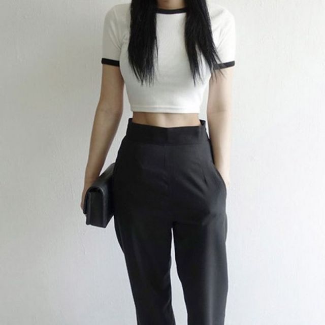 여자 크롭티 반팔 티셔츠, 랍빠 배색 힙 여름