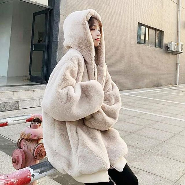 밍크퍼 오버핏 페이크 후리스 집업 후드