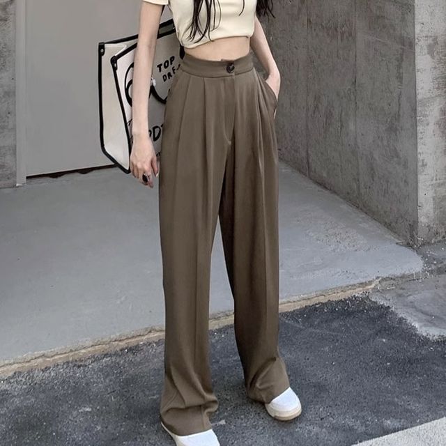 캐주얼 와이드핏 하이웨스트 핀턱 버튼 롱 팬츠