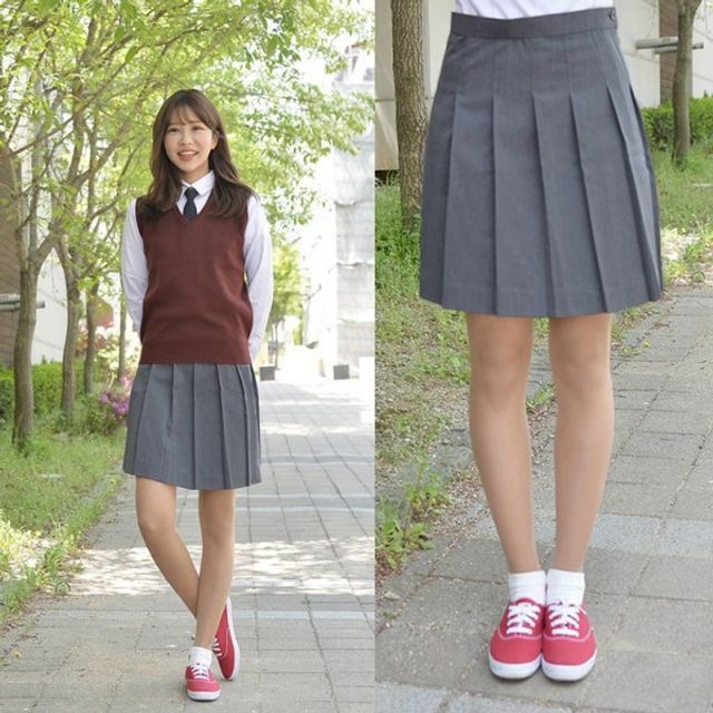 여성 교복치마 백합주름 그레이 전체 주름 스커트