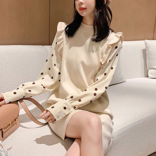 여성 데일리 프릴 레이어드 도트 원피스 사랑스러운 포인트룩