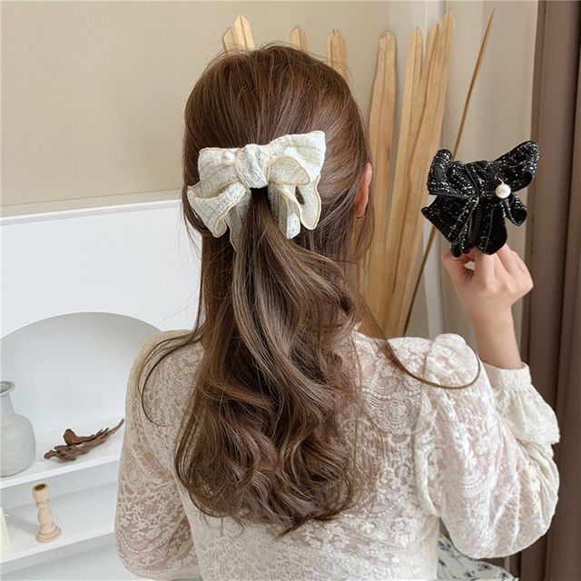 온나핏 체크리본 진주 바나나클립핀 ELH-053