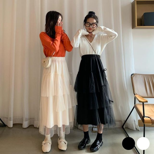 여성 봄 데일리룩 레이스 캉캉 스커트 롱치마