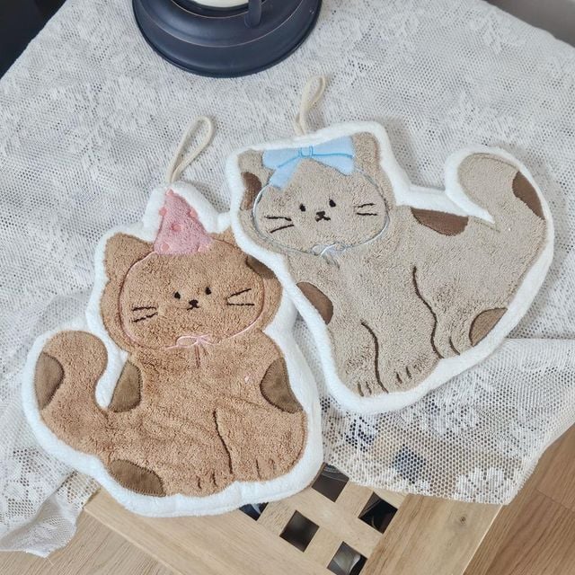 고양이 극세사 도톰 핸드타올 고리수건 2종
