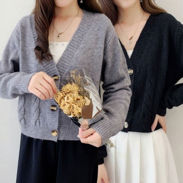 걸스두툼한 패브릭 숏기장 패턴 스탠다드 꽈배기패턴 V넥 니트집업
