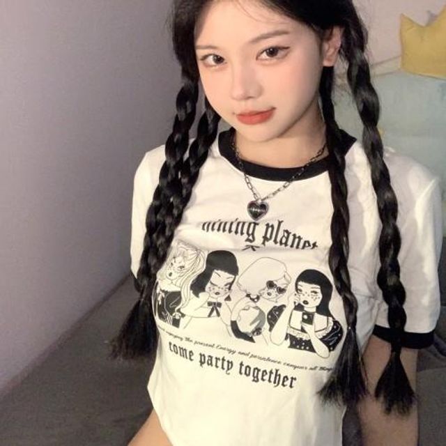 소녀 배색 프린팅 크롭티 반팔 흰색 여름 티셔츠