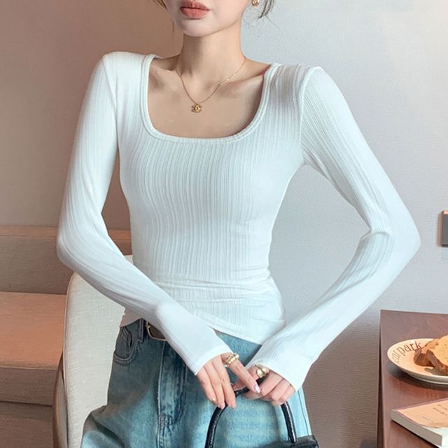 스퀘어넥 골지 쫀쫀 슬림 긴팔 티셔츠 롱슬리브