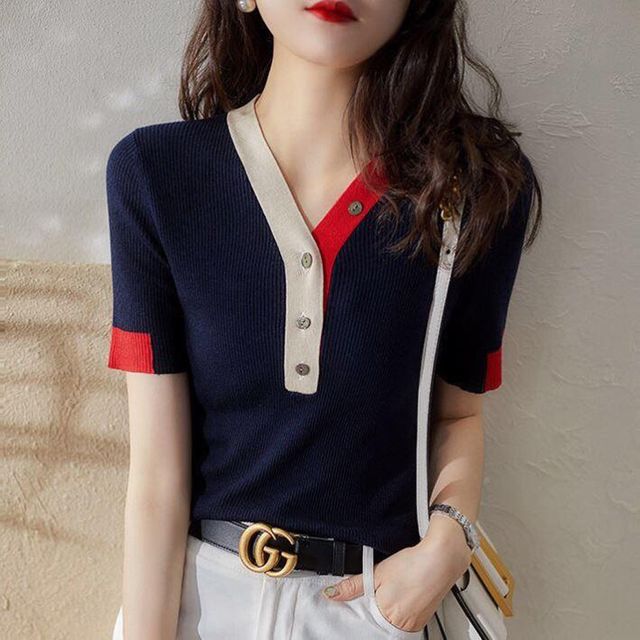 퓨어 배색 단추 니트 여자 예쁜 브이넥 셔츠 네이비