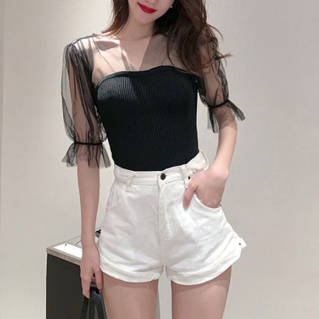 캐주얼 여성 패션 시스루 반팔 니트 티셔츠 데일리룩